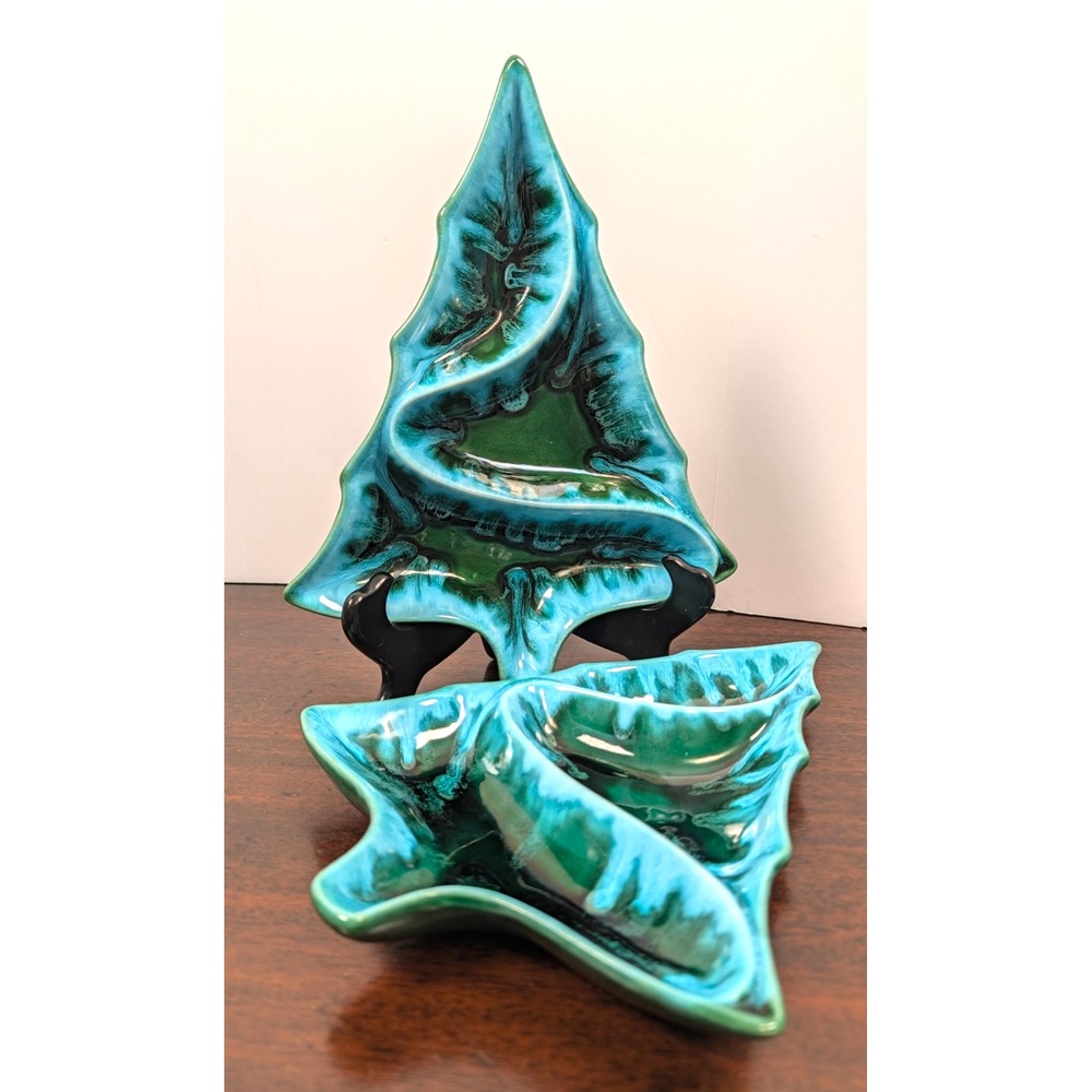 Vintage 1970s Handmade Ceramic Christmas Tree Divided Serving Tray‎ Drip Glaze